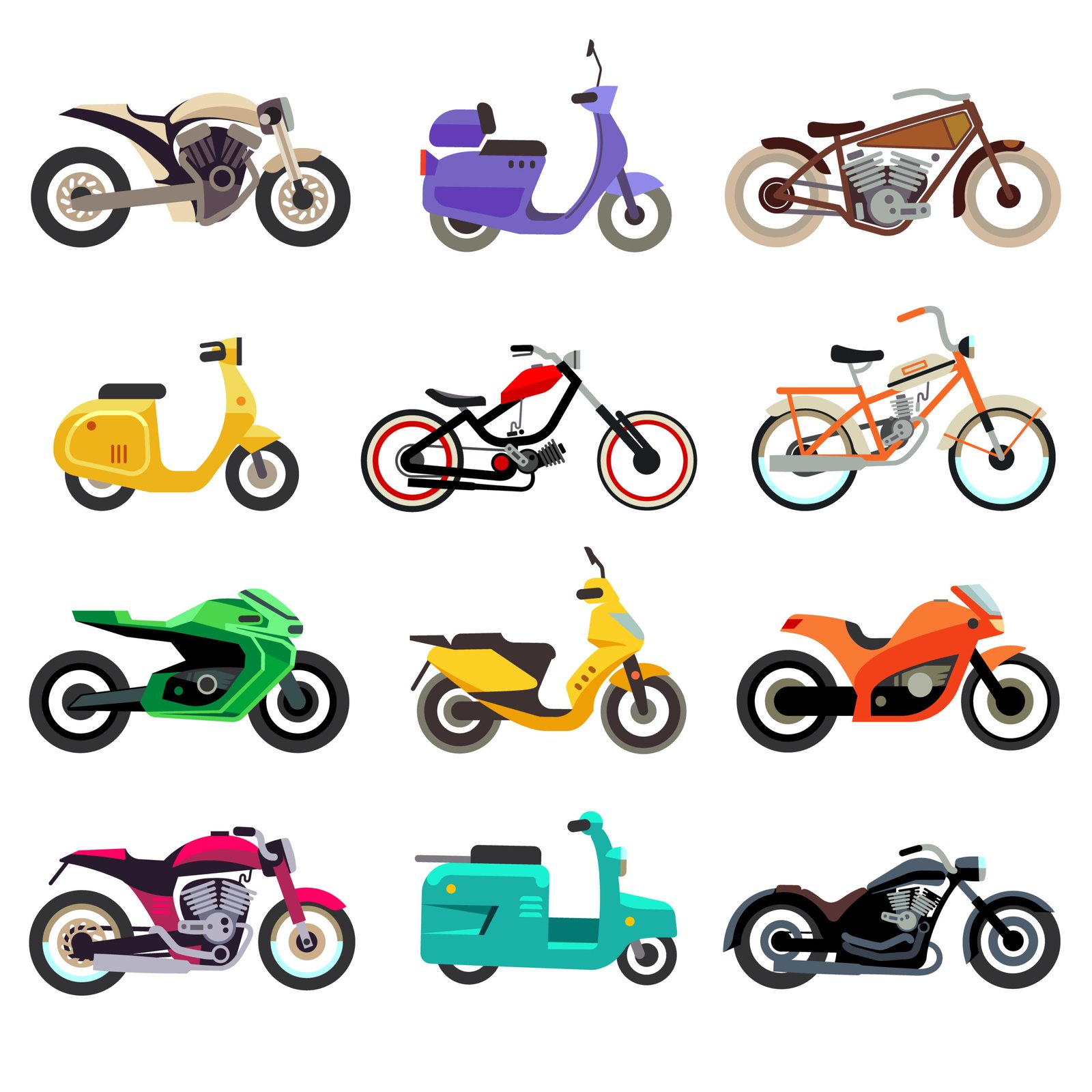 Motorcycle, scooter and moped models vector flat icons. Scooter icon and motorcycle transport, vehicle motorcycle transportation illustration